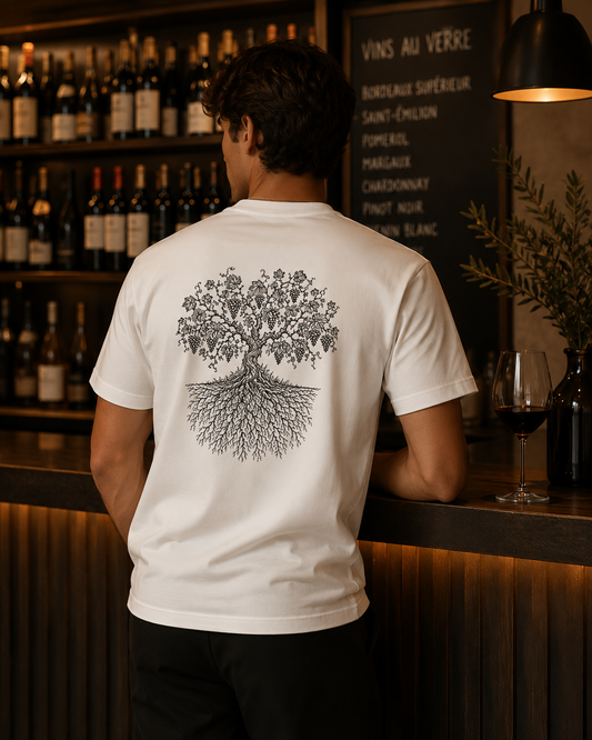 Dos du t-shirt Racine Vinem blanc, gravure de vigne pleine longueur. Créateur de vêtements en gironde, Vinem est une marque de mode indépendante bordelaise, un vestiaire minimaliste durable porté sur l''univers du vin. Les vêtements sont inspirés du vin, d'un style de vie œnologique, l'élégance viticole, alliant mode et vin. Un cadeau d'amateur de vin original, un accessoire de dégustation élégant, un t-shirt de vigne. Découvrez le Club de vin privé confidentiel, nouveautés œnologiques exclusives.