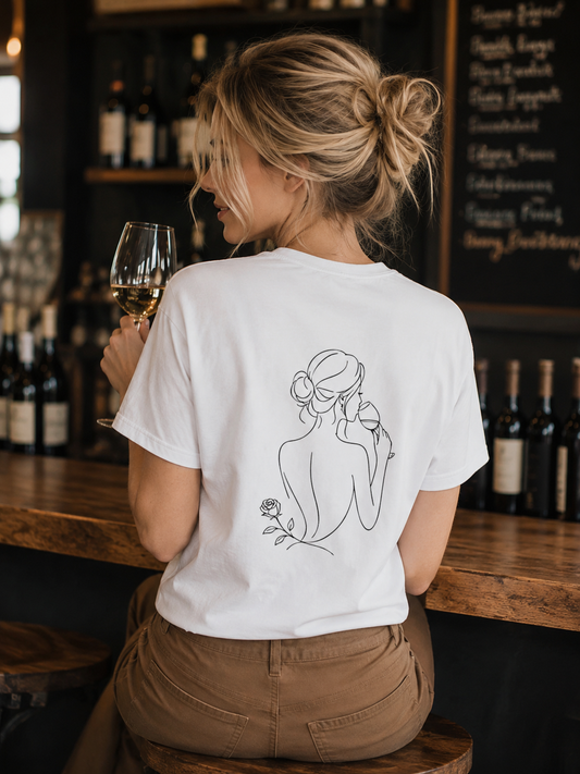 T-shirt Volupté Vinem, coupe droite intemporelle en coton, collection 001. Créateur de vêtements en gironde, Vinem est une marque de mode indépendante bordelaise, un vestiaire minimaliste durable porté sur l'univers du vin. Les vêtements sont inspirés du vin, d'un style de vie œnologique, l'élégance viticole, alliant mode et vin. Un cadeau d'amateur de vin original, un accessoire de dégustation élégant, un t-shirt de vigne. Découvrez le Club de vin privé confidentiel, nouveautés œnologiques exclusives.